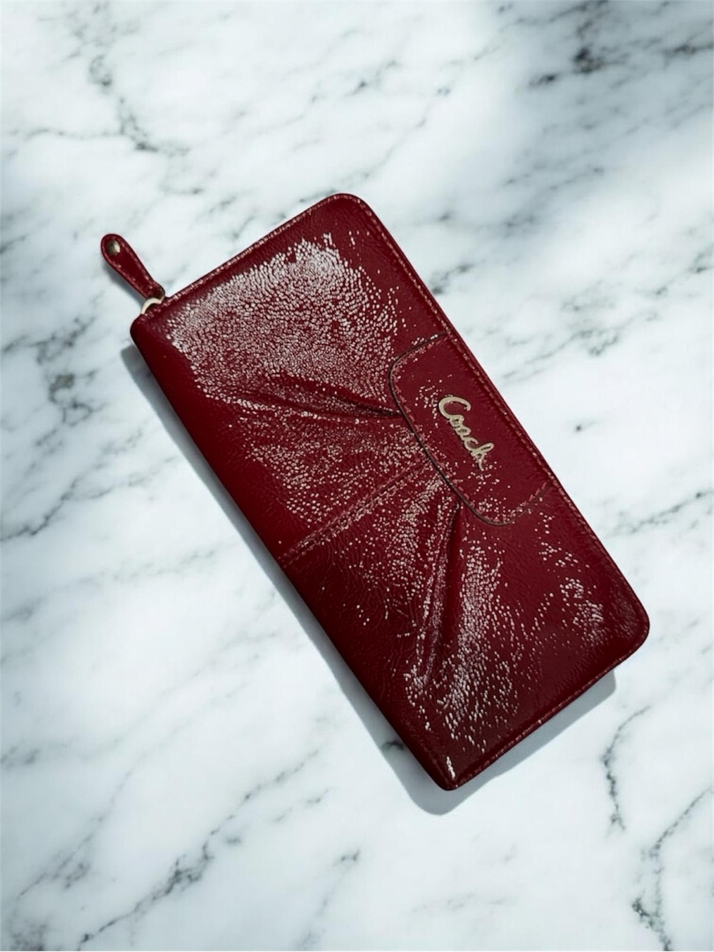 Coach Bordeaux Patent Leather Zip Around Wallet